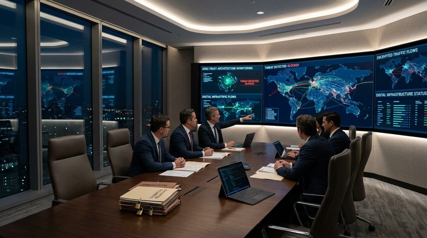 Enterprise corporate legal and compliance professionals reviewing secure digital documents